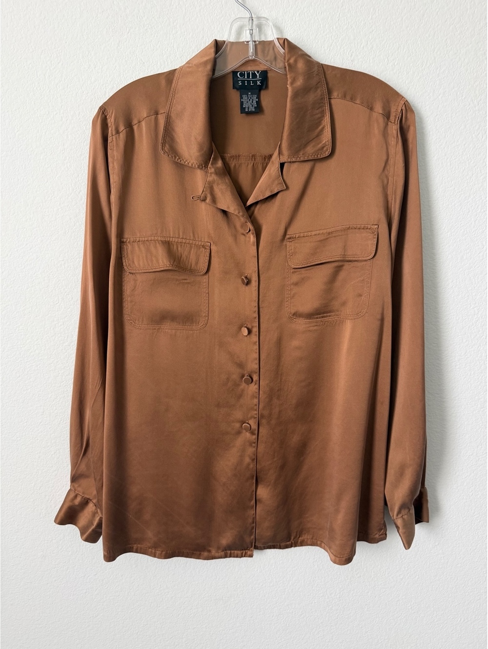 CITY SILK 100% Silk Long Sleeve Button Front Camp Collar Brown Blouse Size M